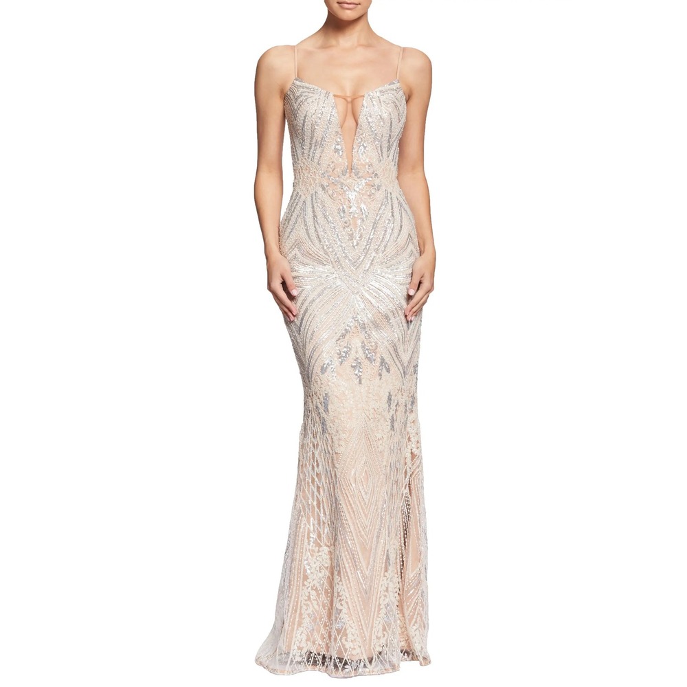 Dress the Population Nude Silver Sequin Embellished Plunge Neck Mermaid Gown M